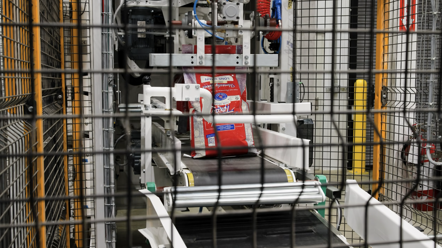 Bagged rice on the Texas Rice Milling packaging line