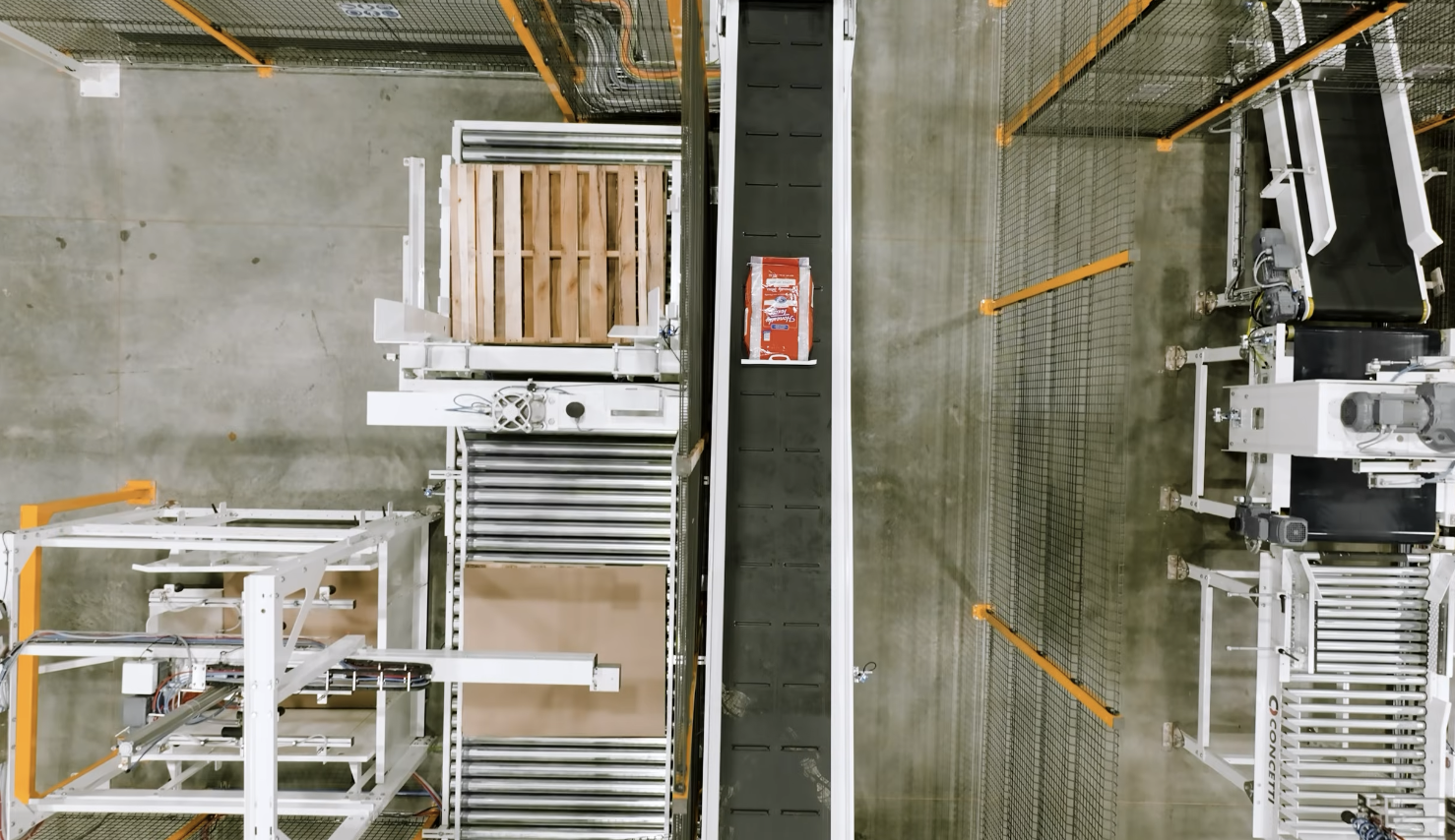 Overhead view of the palletizing area at Texas Rice Milling