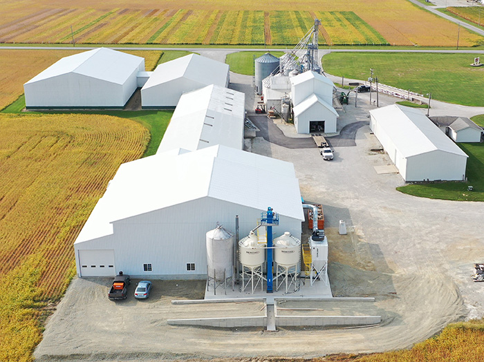 Aerial image of McKillip Seeds new seed conditioning facility from Bratney